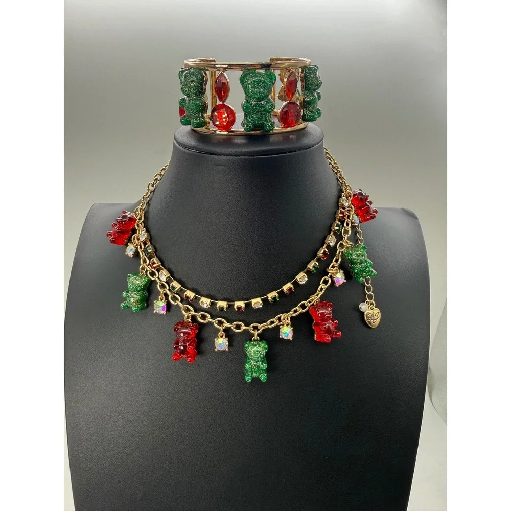 Betsey Johnson Gummy Bear Necklace and Cuff Bracelet Set Red Green Gold Vintage